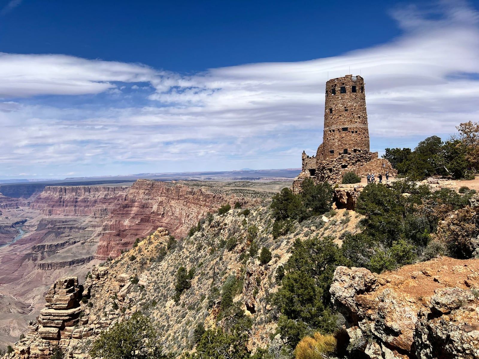 The Desert View Watchtower stands perched on the rim overlooking the vast canyons of Grand Canyon National Park.