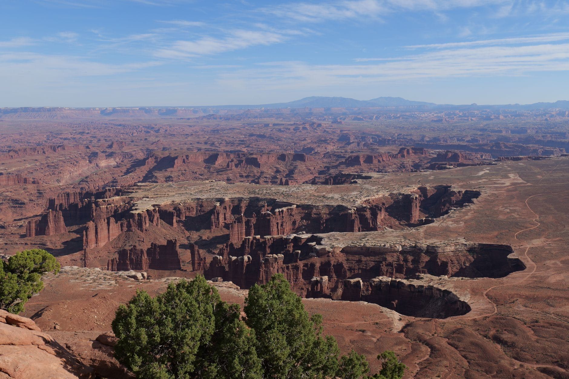 Panoramablick über tiefe rote Sandstein-Canyons und Felsspitzen im Canyonlands-Nationalpark.