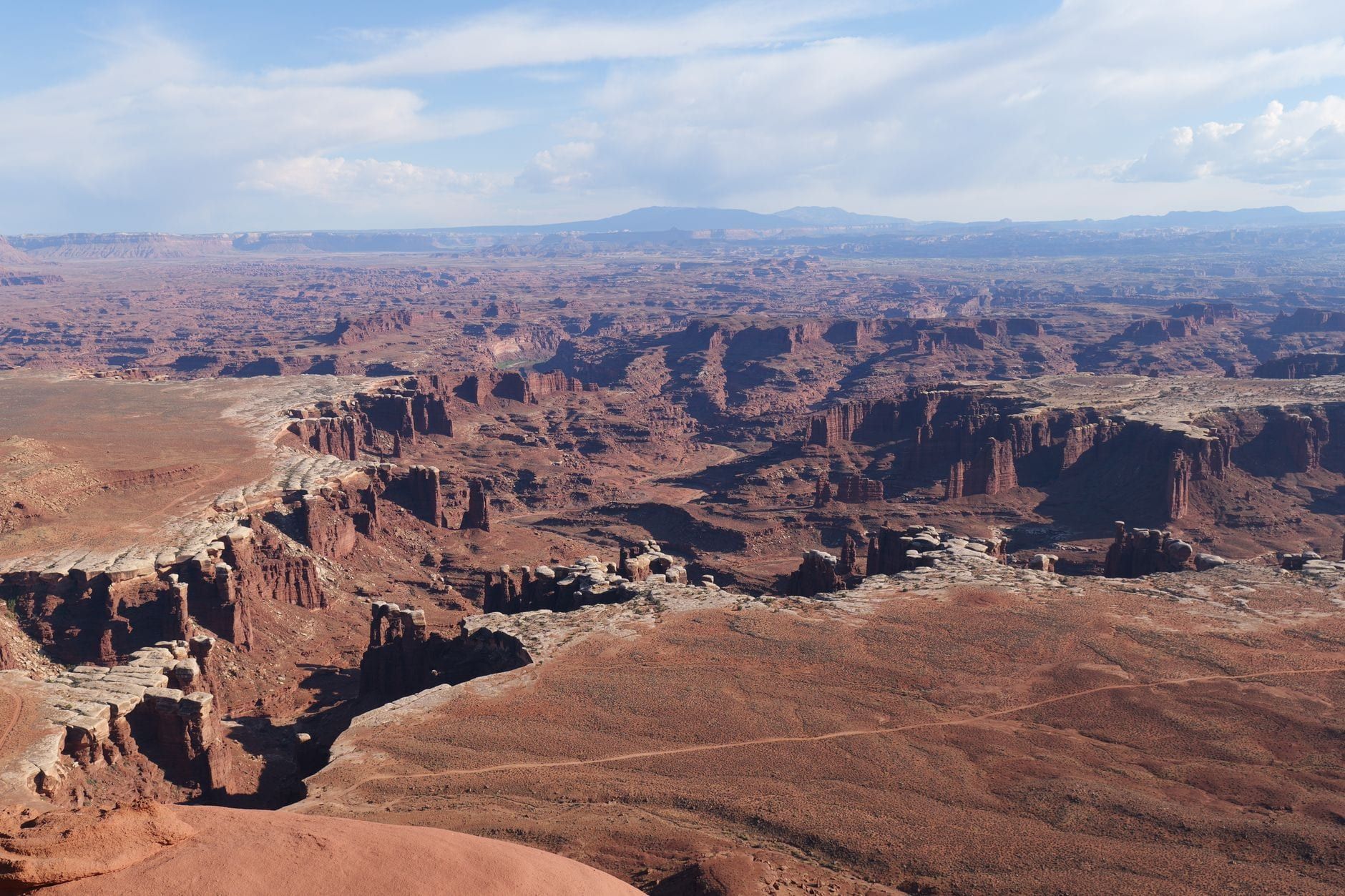 Weite Aussicht auf tief eingeschnittene rote Felsschluchten und das White-Rim-Sandstein-Plateau im Canyonlands-Nationalpark unter blauem Himmel.
