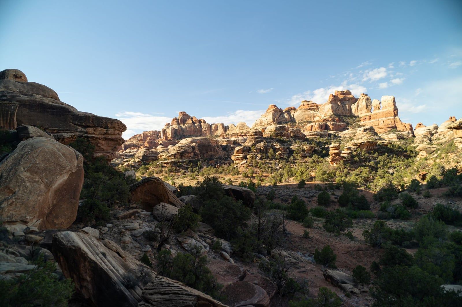 Banded red and white sandstone spires rise against a blue sky in the Needles district of Canyonlands National Park.