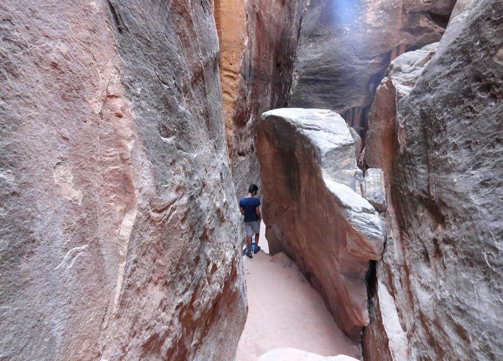 A hiker walks along a sandy path between towering sandstone walls on the Joint Trail in Canyonlands National Park.